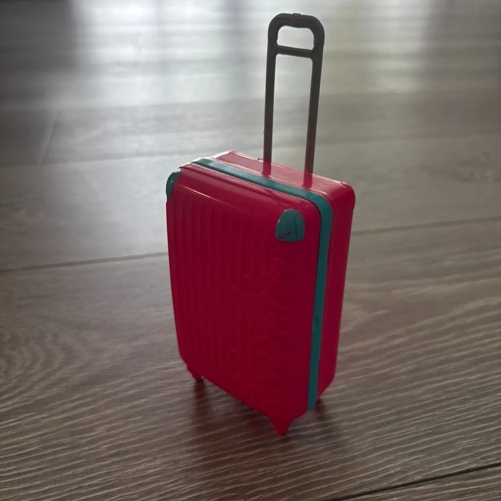 Barbie Doll Accessory Pink Retractable Handle Travel Plastic Luggage Suitcase
